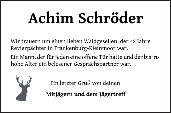 Traueranzeige von Achim Schröder von Wuemme Zeitung