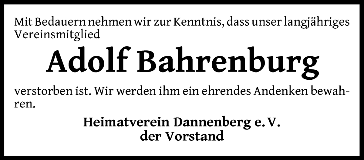  Traueranzeige für Adolf Bahrenburg vom 02.08.2022 aus Wuemme Zeitung