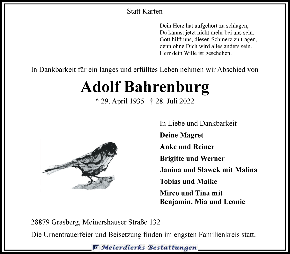  Traueranzeige für Adolf Bahrenburg vom 02.08.2022 aus Wuemme Zeitung