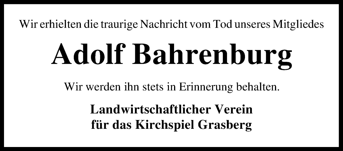  Traueranzeige für Adolf Bahrenburg vom 03.08.2022 aus Wuemme Zeitung