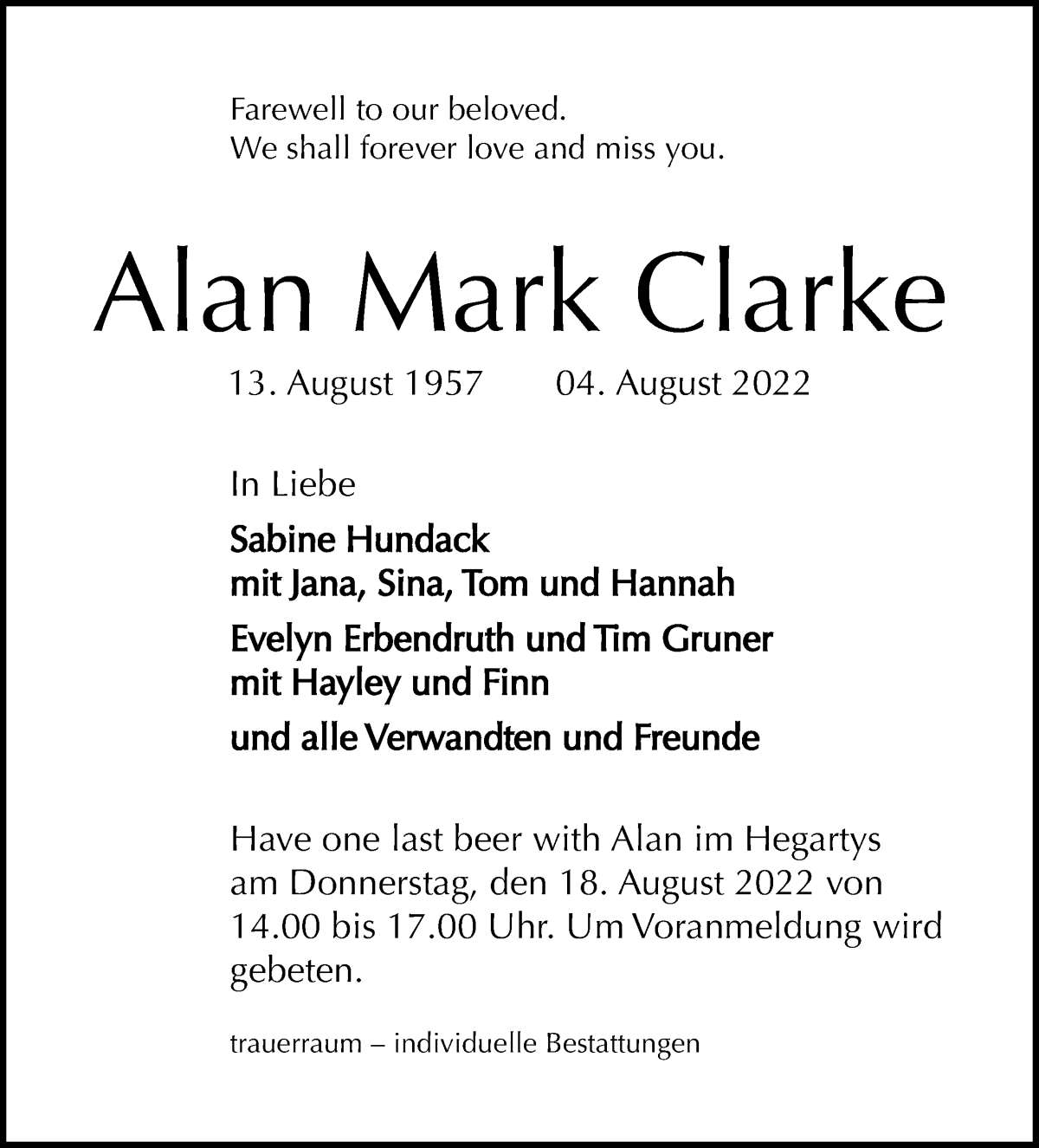  Traueranzeige für Alan Mark Clarke vom 13.08.2022 aus WESER-KURIER
