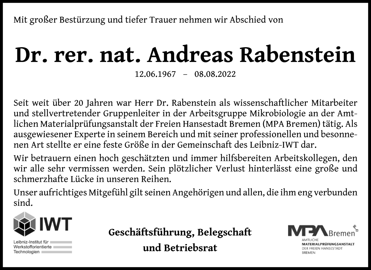  Traueranzeige für Andreas Rabenstein vom 13.08.2022 aus WESER-KURIER