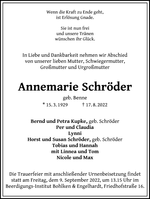 Traueranzeige von Annemarie Schröder von WESER-KURIER