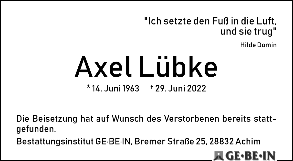  Traueranzeige für Axel Lübke vom 13.08.2022 aus WESER-KURIER