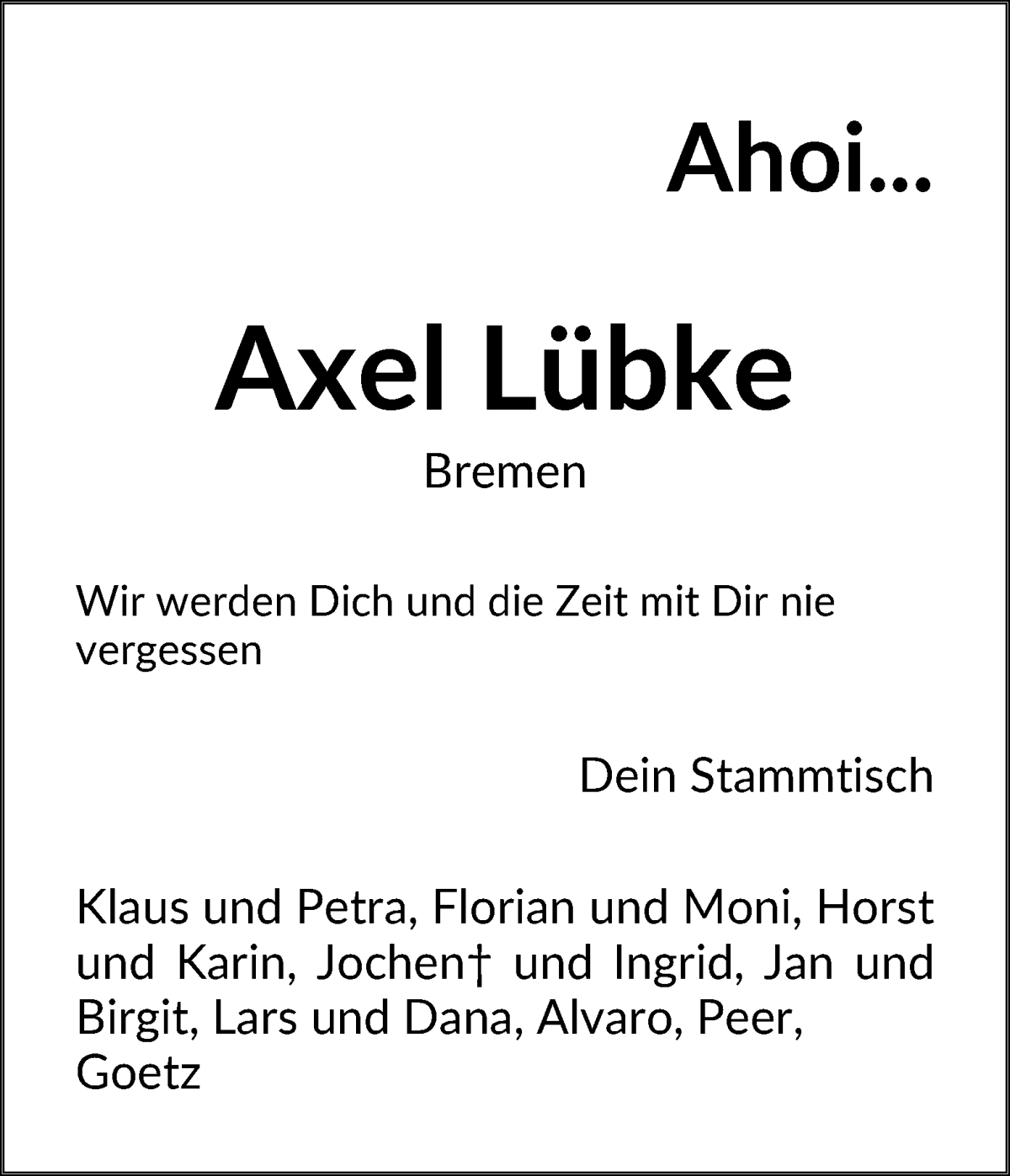 Traueranzeige von Axel Lübke von WESER-KURIER