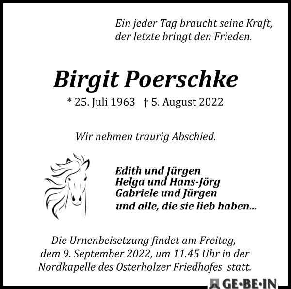 Traueranzeige von Birgit Poerschke von WESER-KURIER