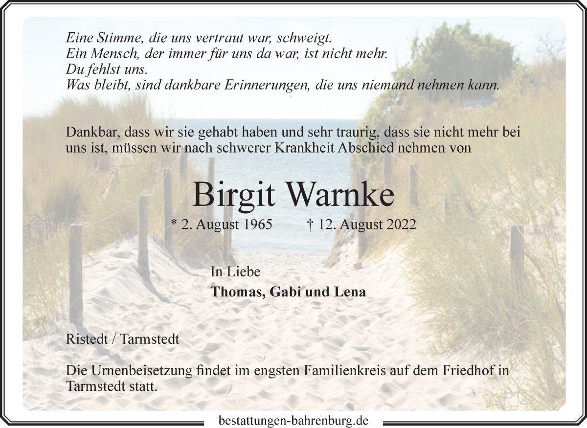 Traueranzeige von Birgit Warnke von Wuemme Zeitung