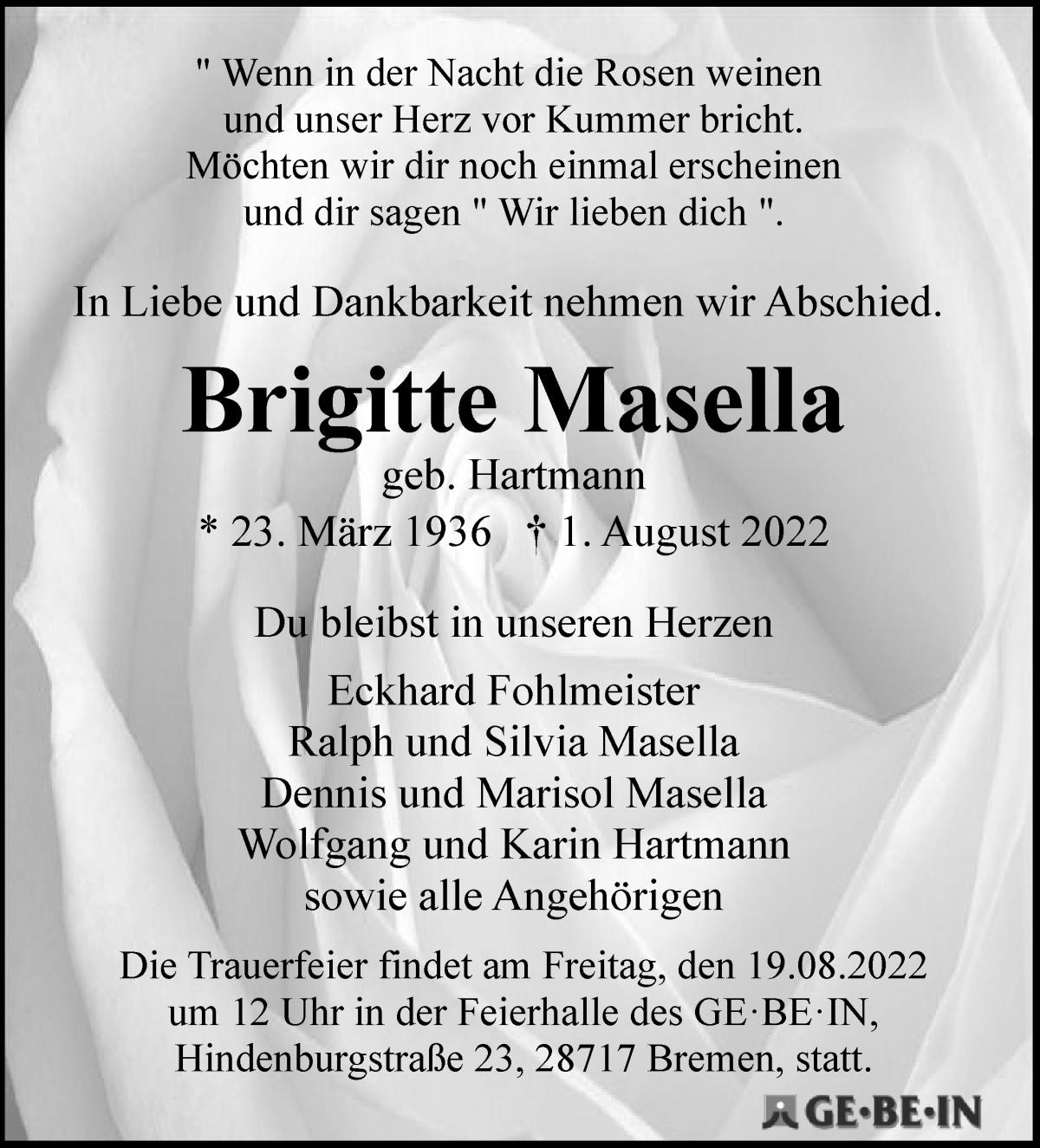  Traueranzeige für Brigitte Masella vom 13.08.2022 aus WESER-KURIER
