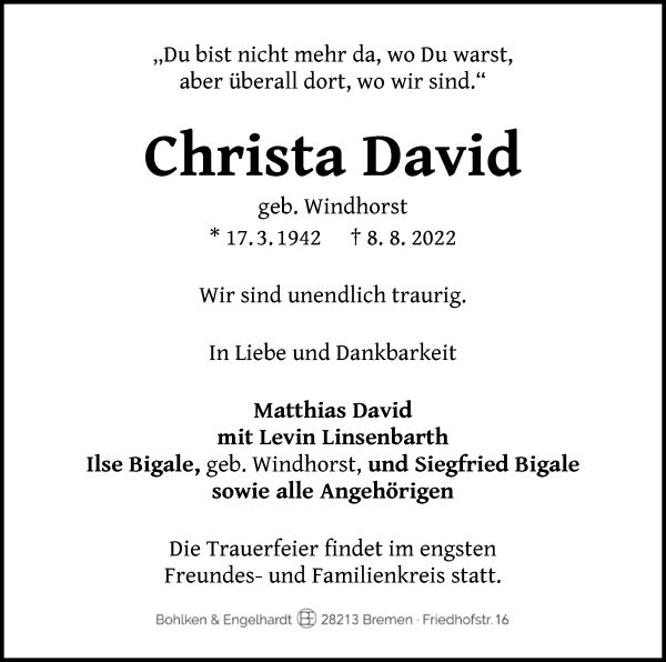 Traueranzeige von Christa David von WESER-KURIER