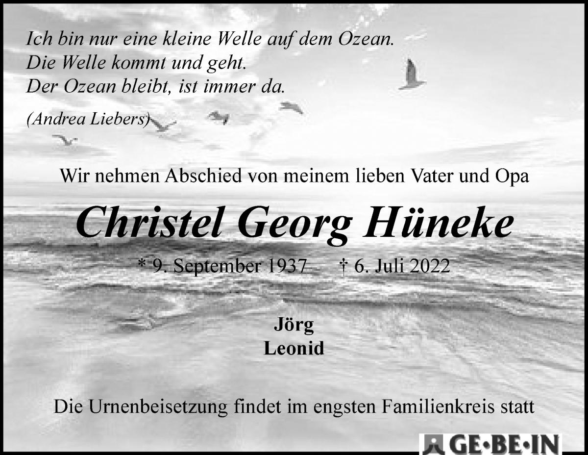Traueranzeige von Christel Georg Hüneke von Osterholzer Kreisblatt