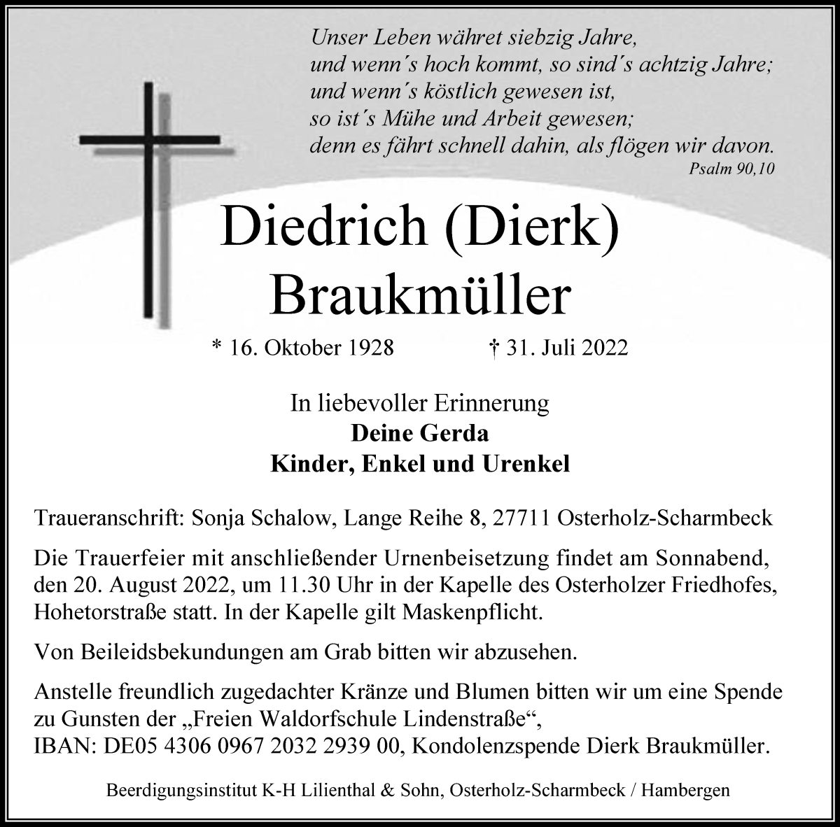  Traueranzeige für Diedrich Braukmüller vom 05.08.2022 aus Osterholzer Kreisblatt