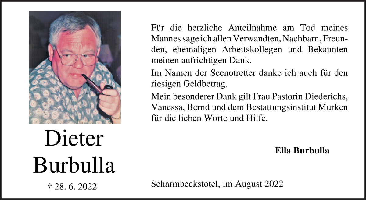  Traueranzeige für Dieter Burbulla vom 06.08.2022 aus Osterholzer Kreisblatt