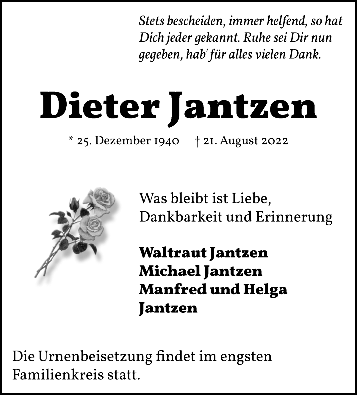 Traueranzeige für Dieter Jantzen vom 27.08.2022 aus WESER-KURIER