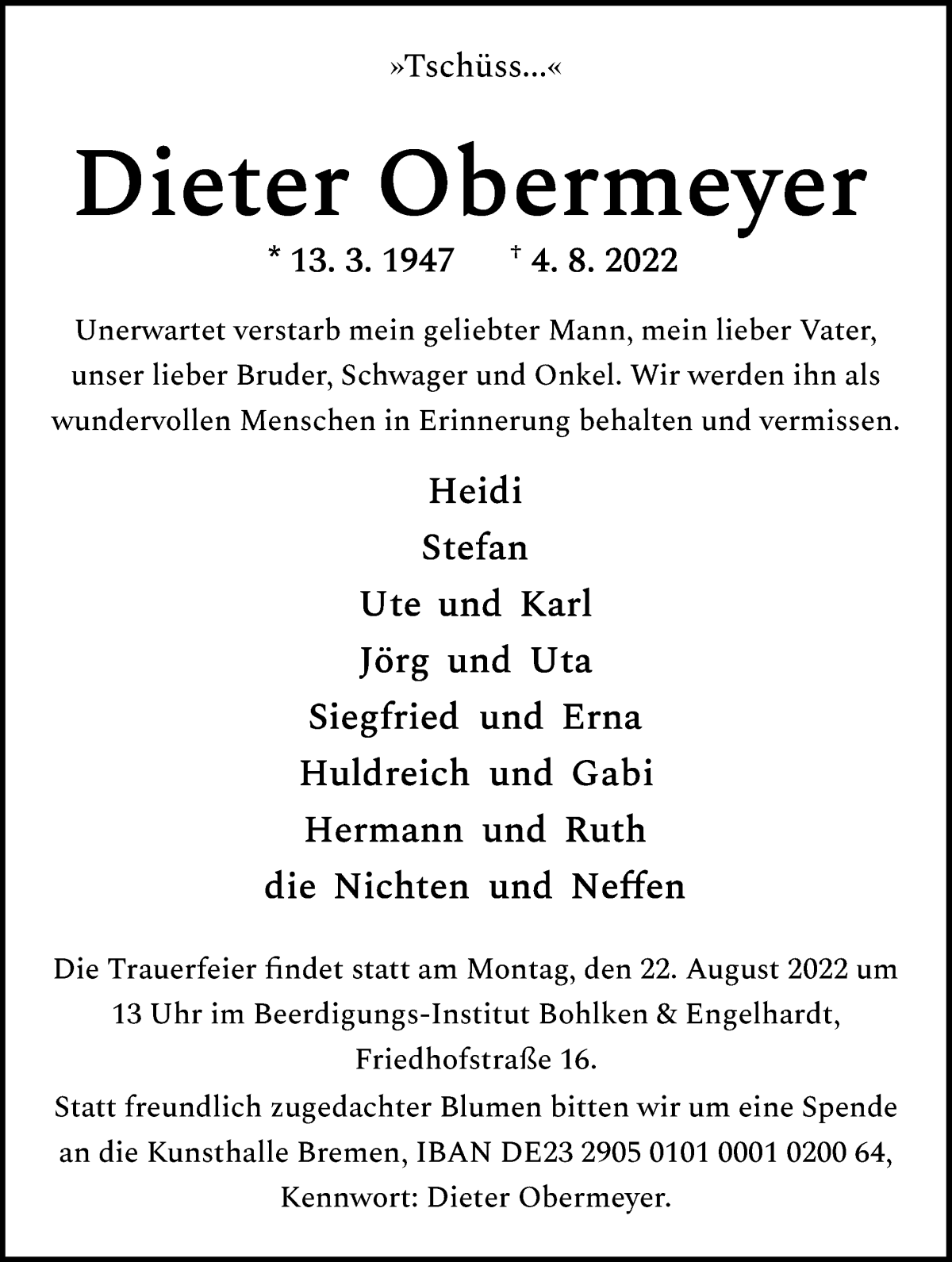 Traueranzeige von Dieter Obermeyer von WESER-KURIER