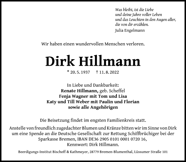Traueranzeige von Dirk Hillmann von Die Norddeutsche