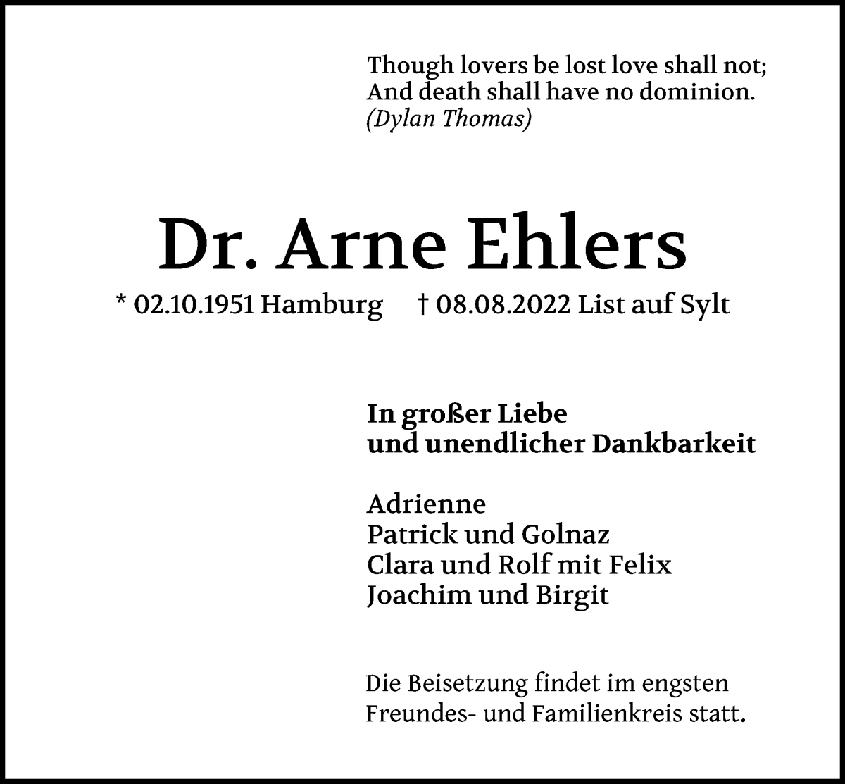  Traueranzeige für Dr. Arne Ehlers vom 31.08.2022 aus WESER-KURIER