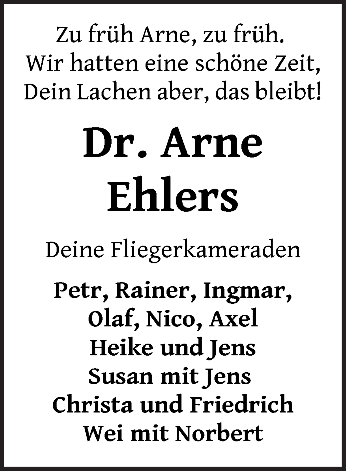  Traueranzeige für Dr. Arne Ehlers vom 31.08.2022 aus WESER-KURIER