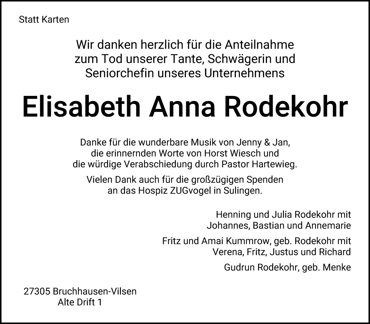  Traueranzeige für Elisabeth Anna Rodekohr vom 13.08.2022 aus WESER-KURIER