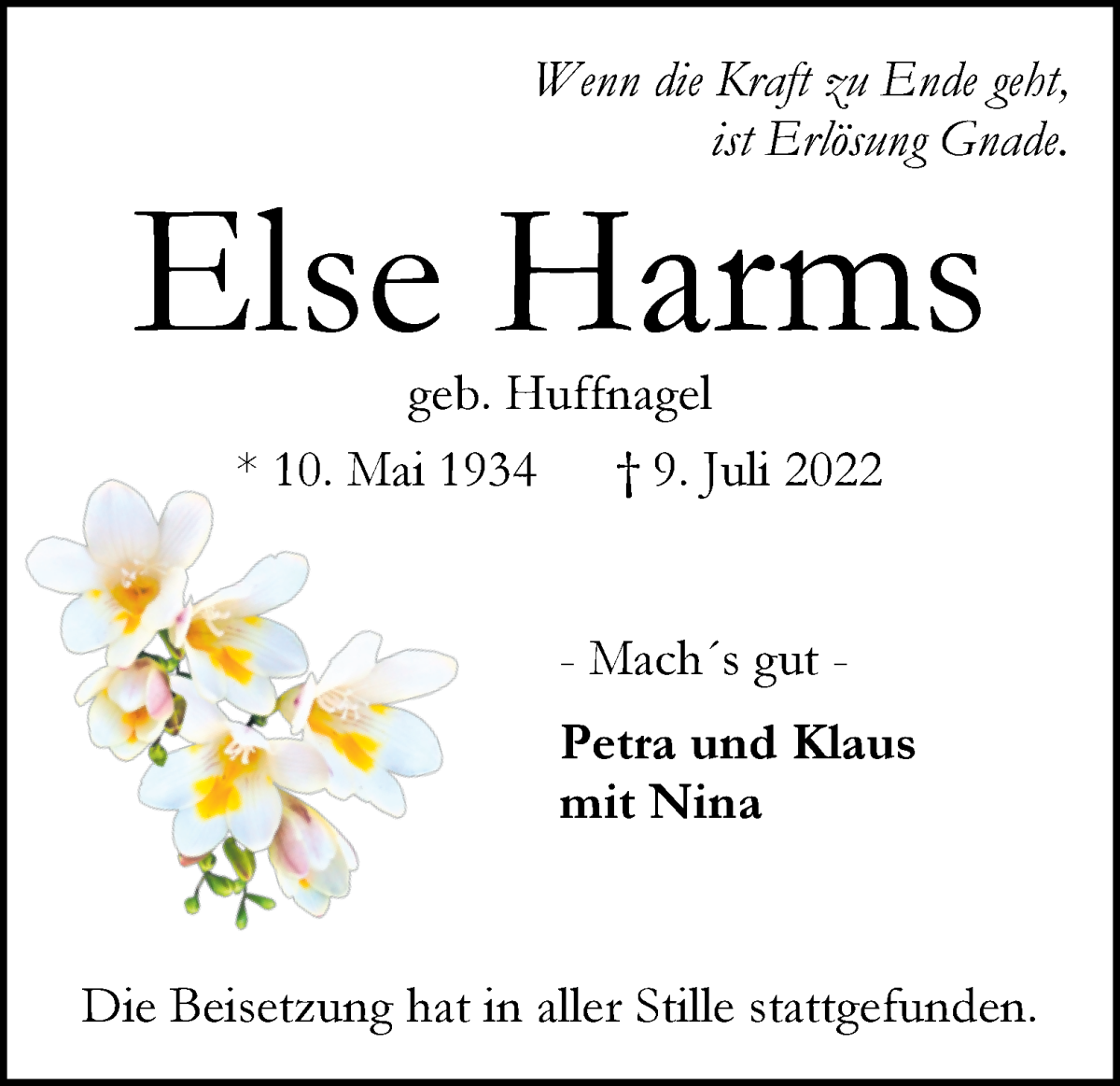 Traueranzeige von Else Harms von WESER-KURIER