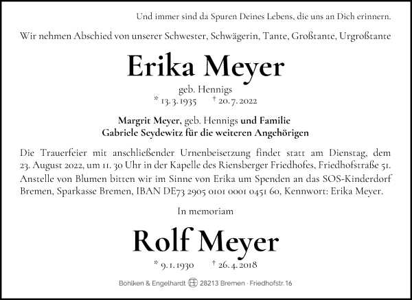 Traueranzeige von Erika und Rolf Meyer