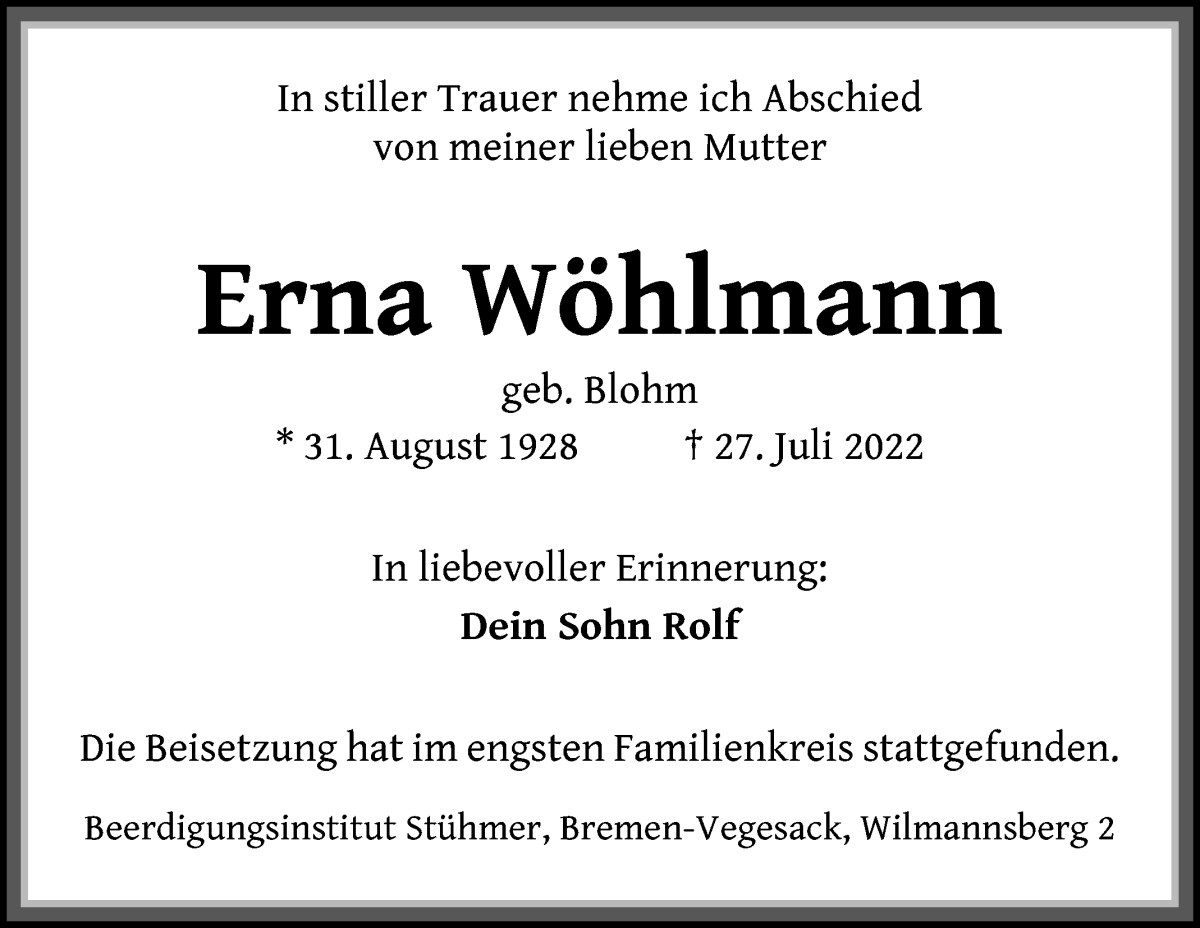 Traueranzeige von Erna Wöhlmann von Die Norddeutsche
