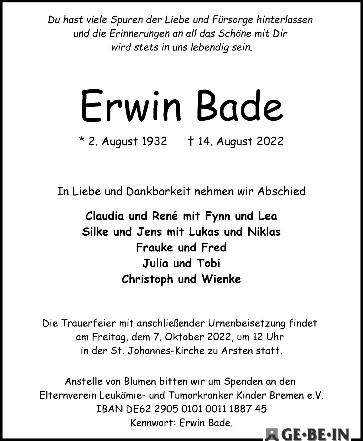  Traueranzeige für Erwin Bade vom 27.08.2022 aus WESER-KURIER