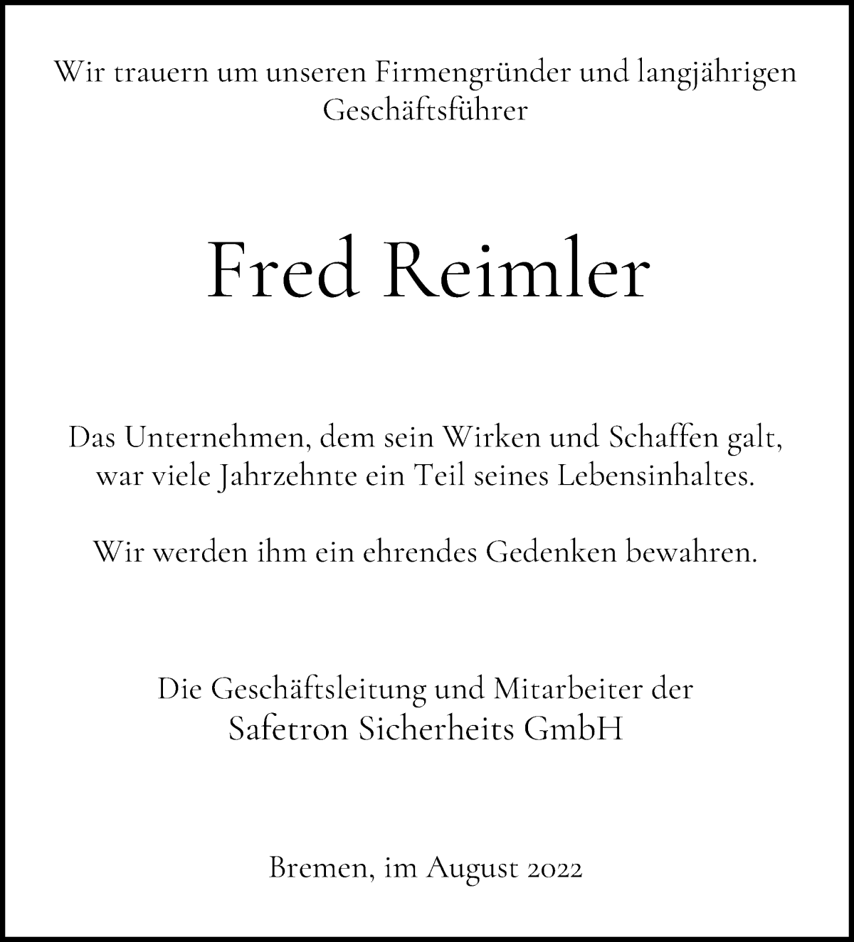  Traueranzeige für Fred Reimler vom 13.08.2022 aus WESER-KURIER