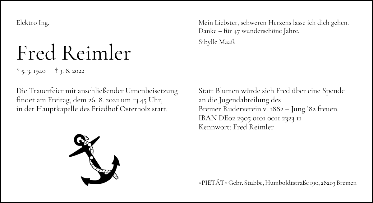  Traueranzeige für Fred Reimler vom 13.08.2022 aus WESER-KURIER