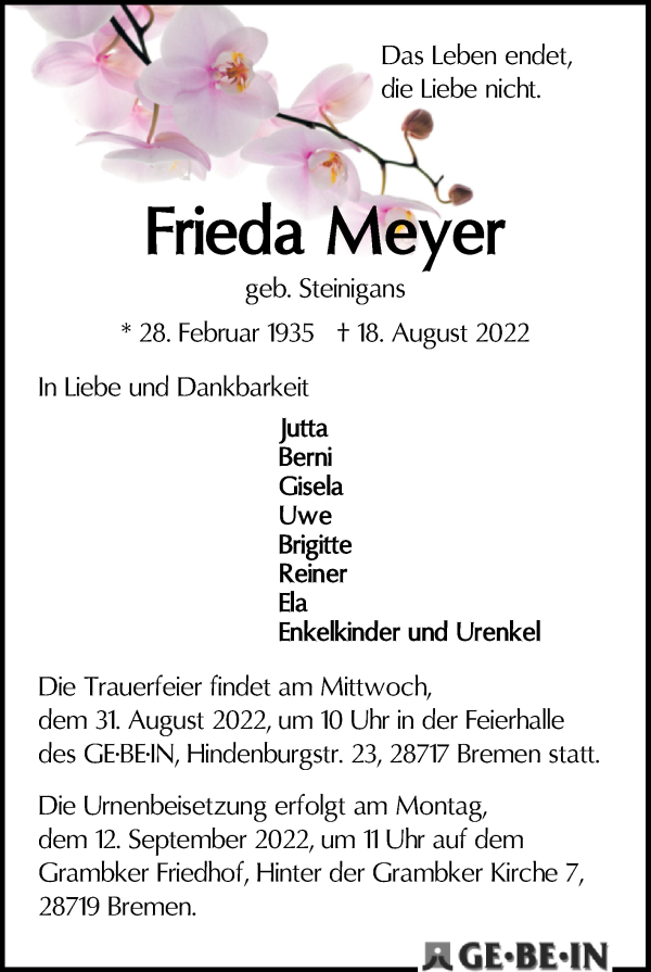 Traueranzeige von Frieda Meyer von WESER-KURIER