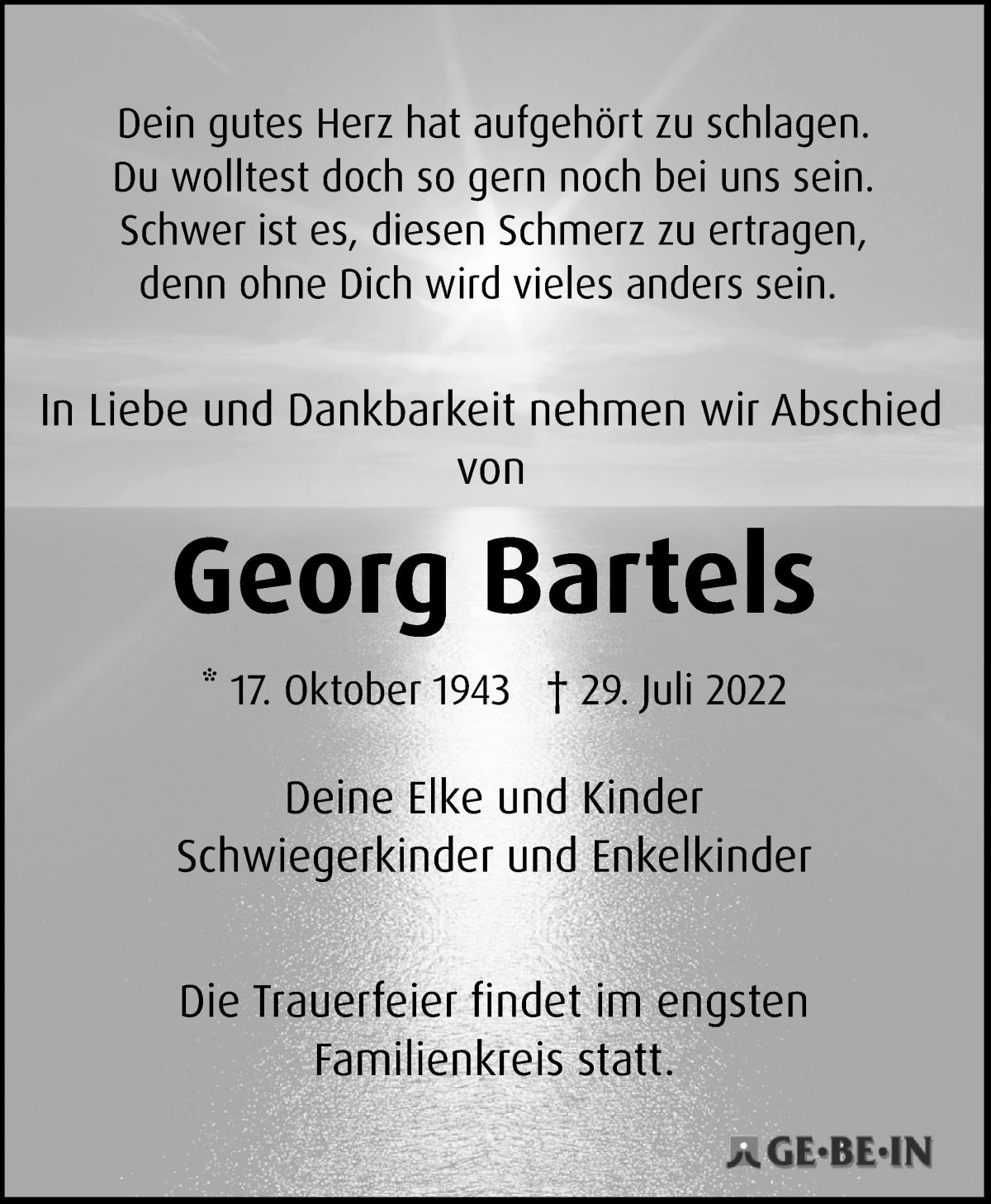  Traueranzeige für Georg Bartels vom 13.08.2022 aus WESER-KURIER