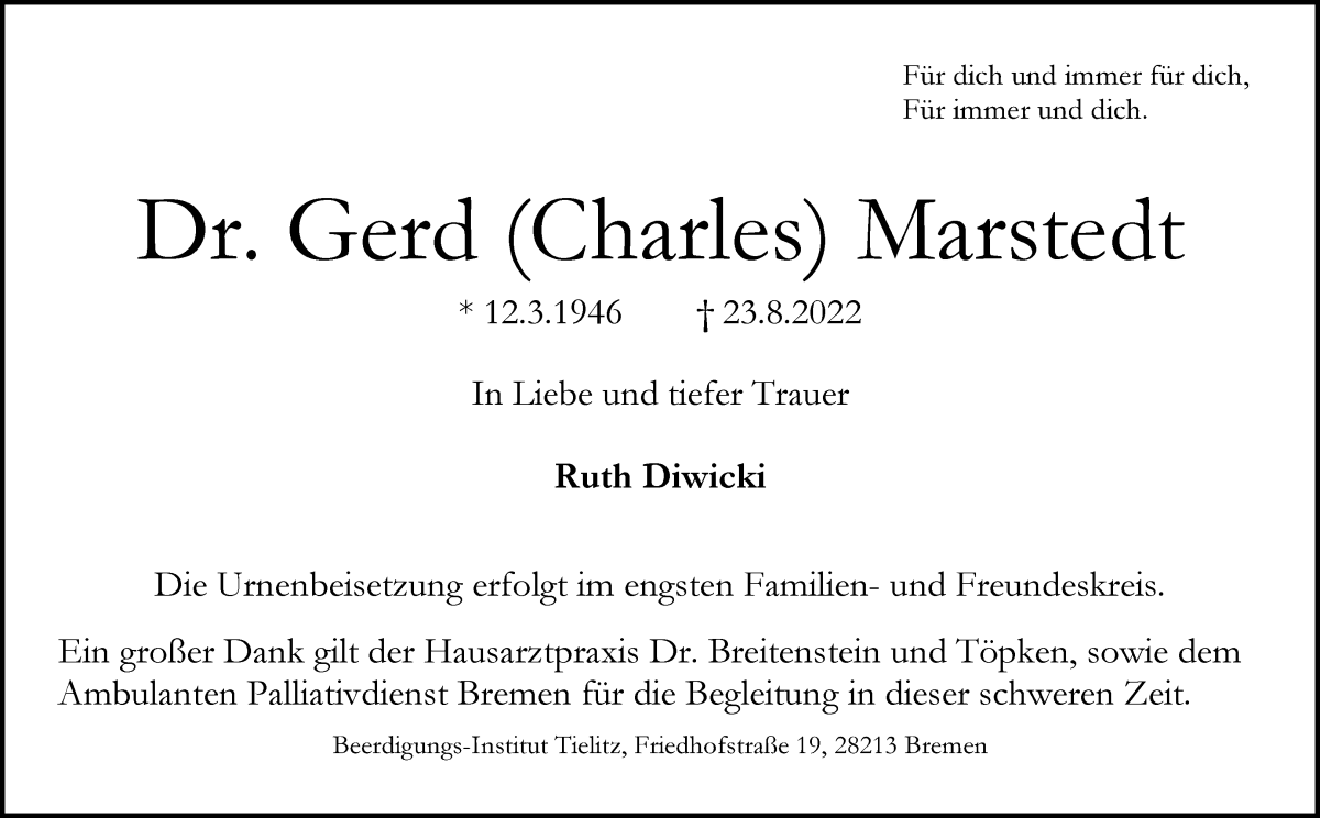  Traueranzeige für Gerd  Marstedt vom 27.08.2022 aus WESER-KURIER