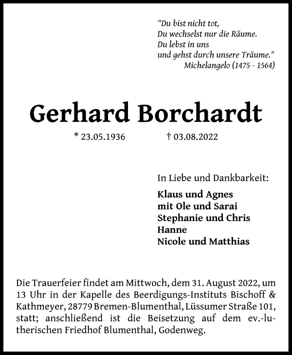 Traueranzeige von Gerhard Borchardt von Die Norddeutsche