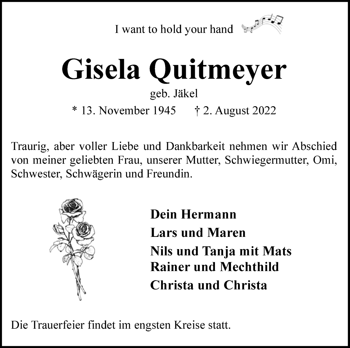 Traueranzeige von Gisela Quitmeyer von WESER-KURIER