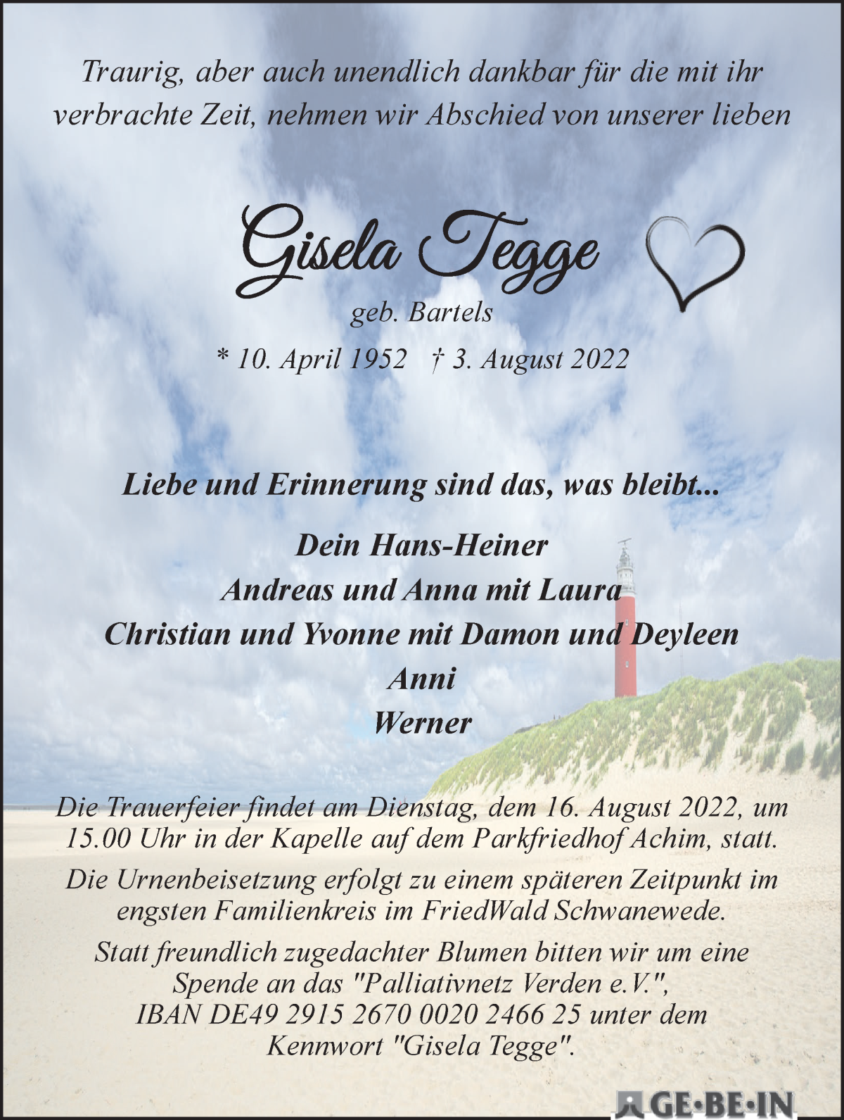  Traueranzeige für Gisela Tegge vom 13.08.2022 aus WESER-KURIER