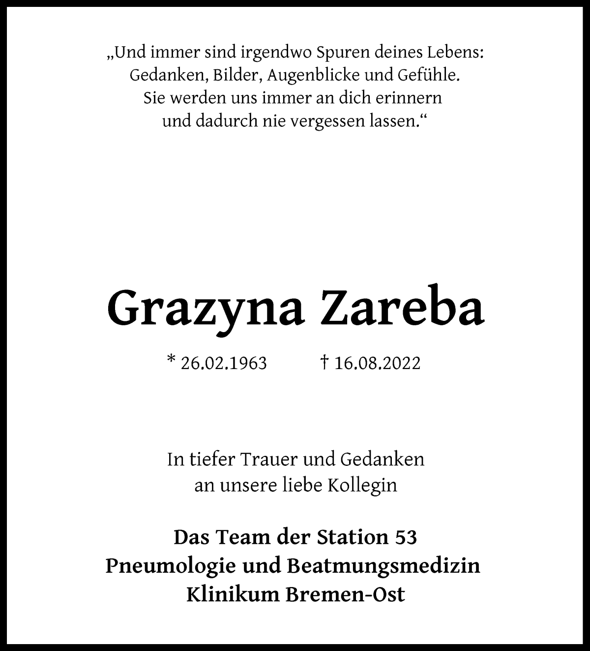 Traueranzeigen Von Grazyna Zareba | Trauer & Gedenken