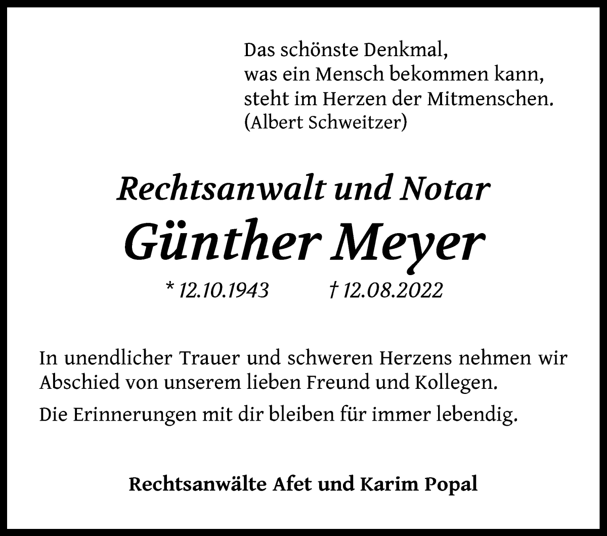  Traueranzeige für Günther Meyer vom 20.08.2022 aus WESER-KURIER