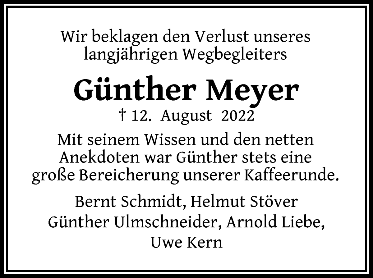  Traueranzeige für Günther Meyer vom 27.08.2022 aus WESER-KURIER