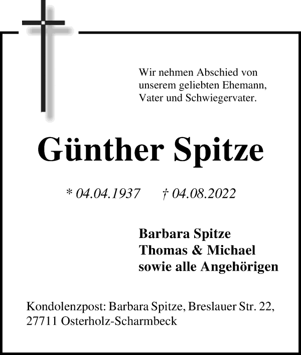 Traueranzeige von Günther Spitze von Osterholzer Kreisblatt