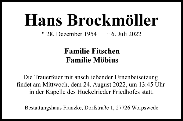 Traueranzeige von Hans Brockmöller von WESER-KURIER