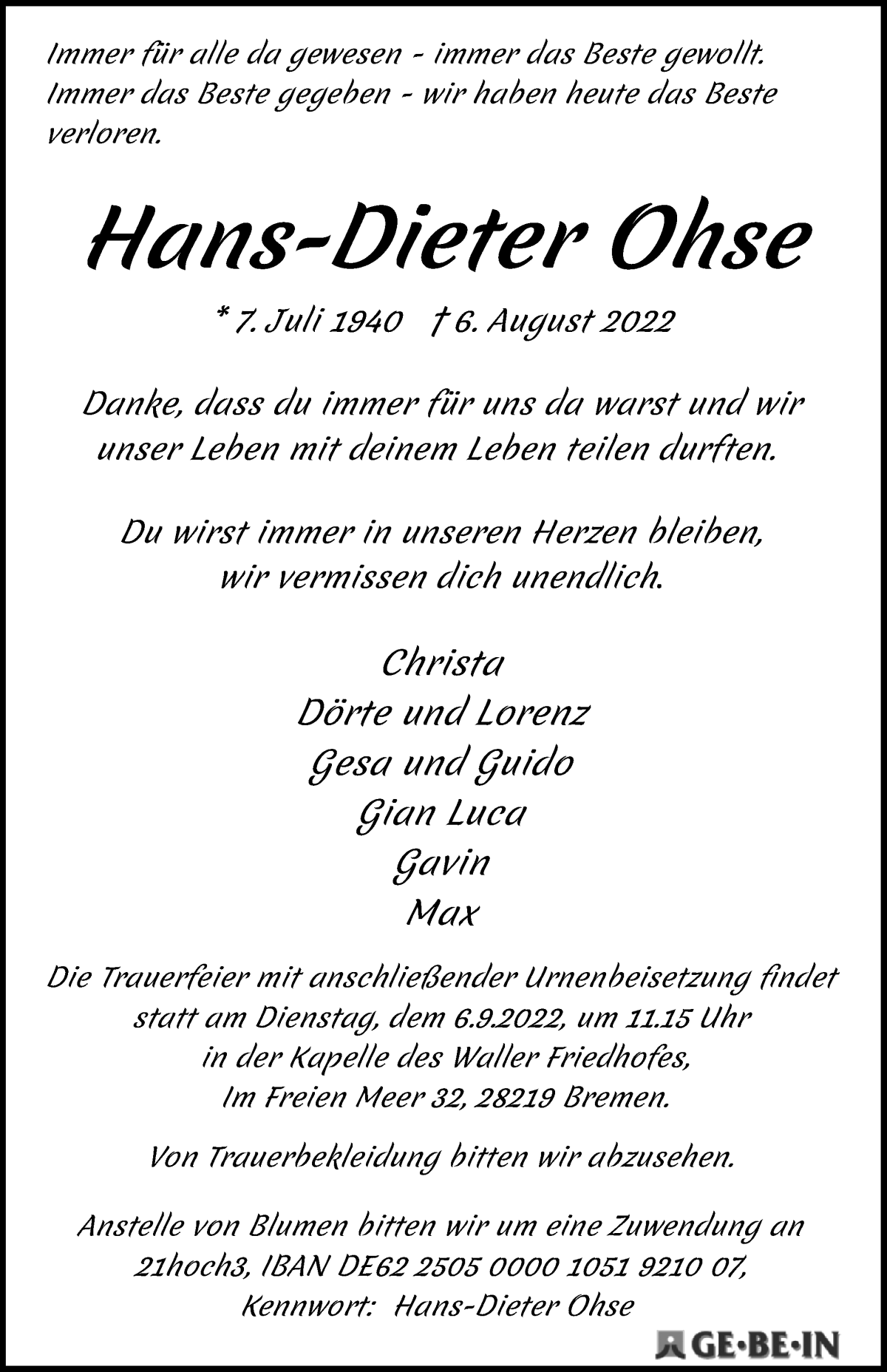  Traueranzeige für Hans-Dieter Ohse vom 13.08.2022 aus WESER-KURIER