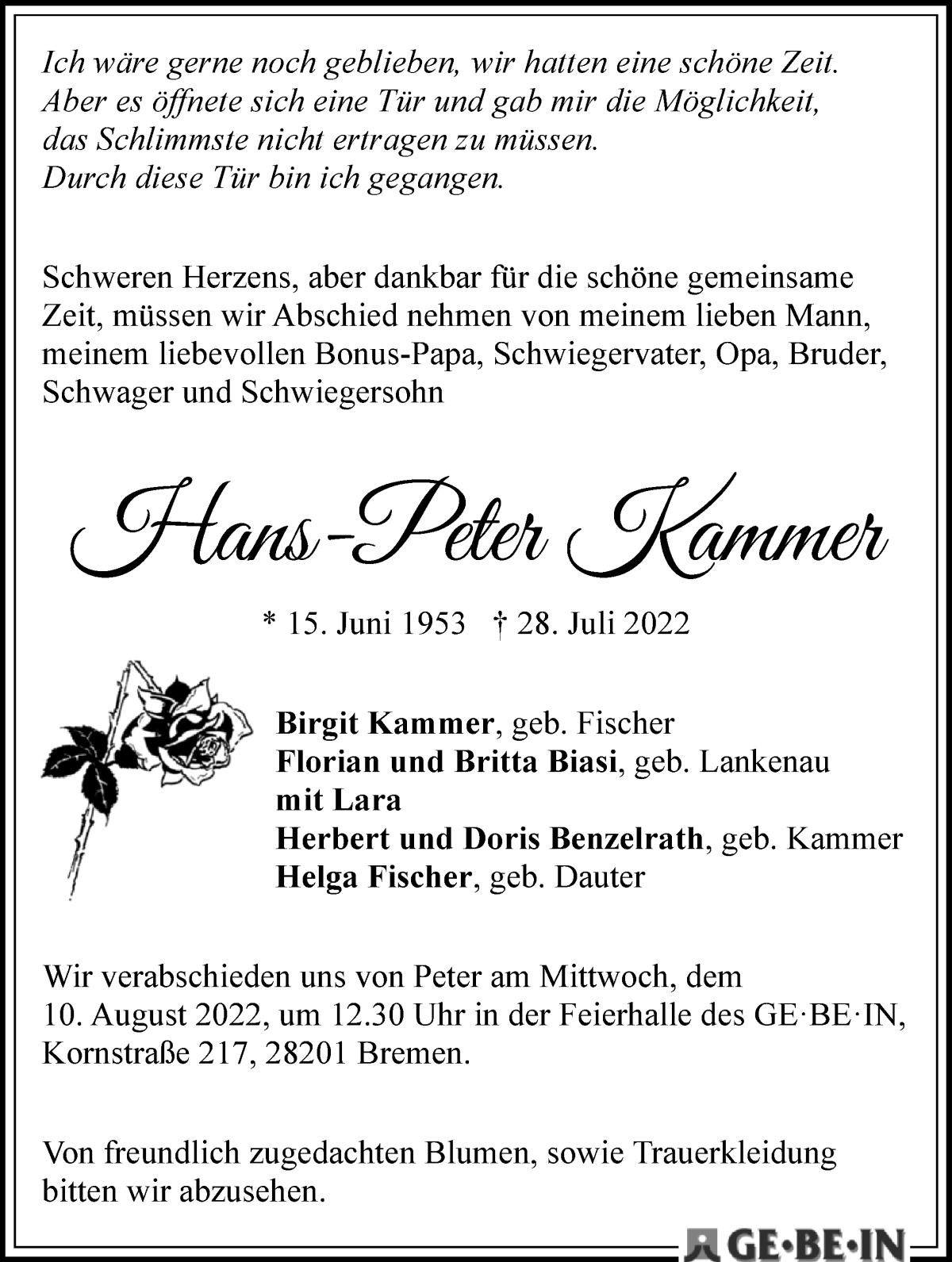 Traueranzeige von Hans-Peter Kammer von WESER-KURIER
