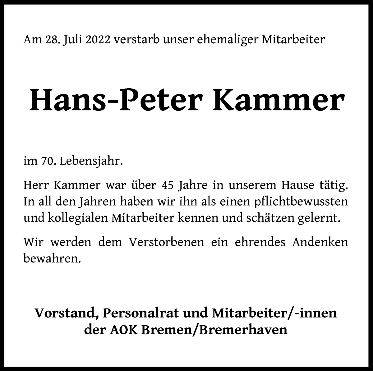 Traueranzeige von Hans-Peter Kammer von WESER-KURIER