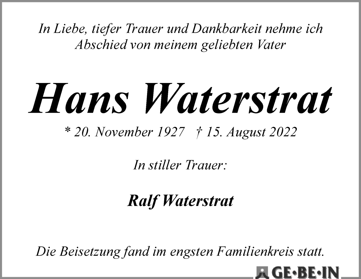 Traueranzeige von Hans Waterstrat von WESER-KURIER