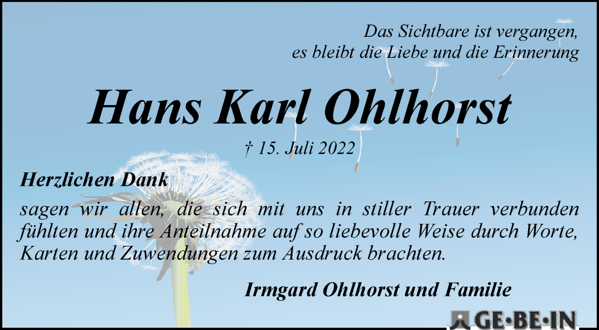  Traueranzeige für Hans Karl Ohlhorst vom 06.08.2022 aus WESER-KURIER