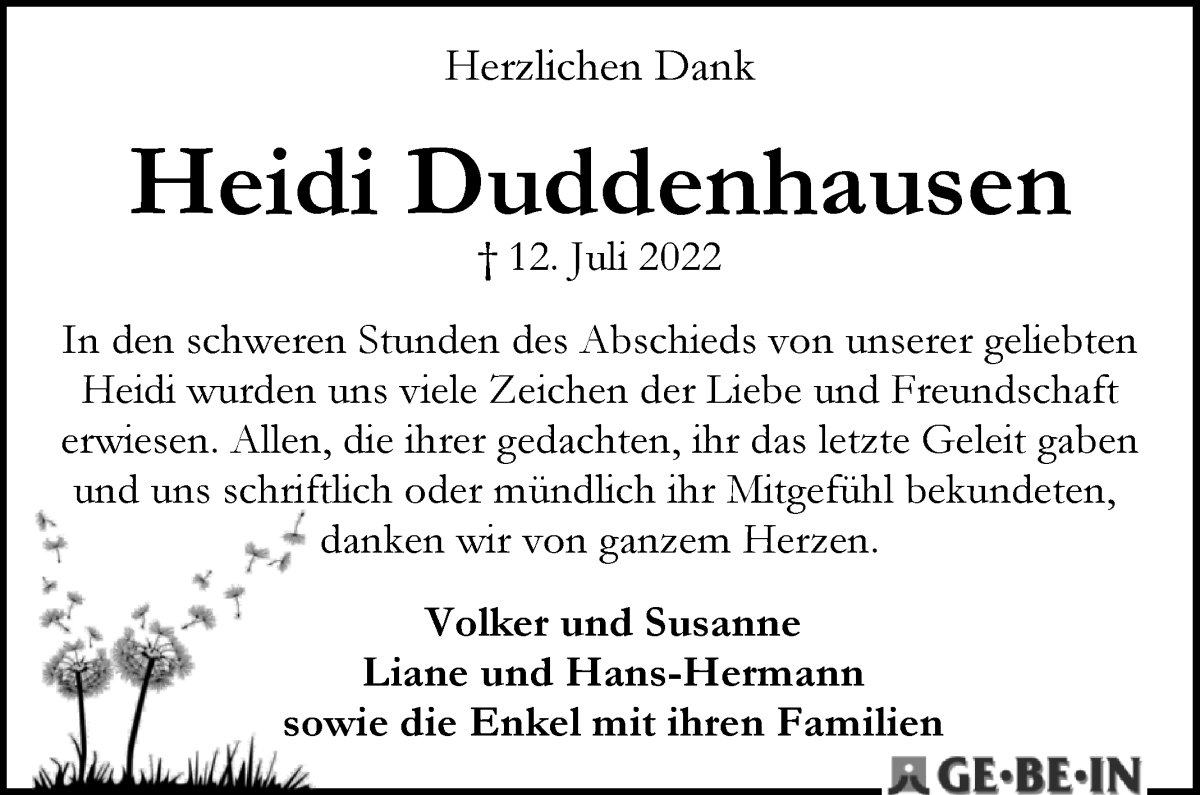 Traueranzeige von Heidi Duddenhausen von WESER-KURIER