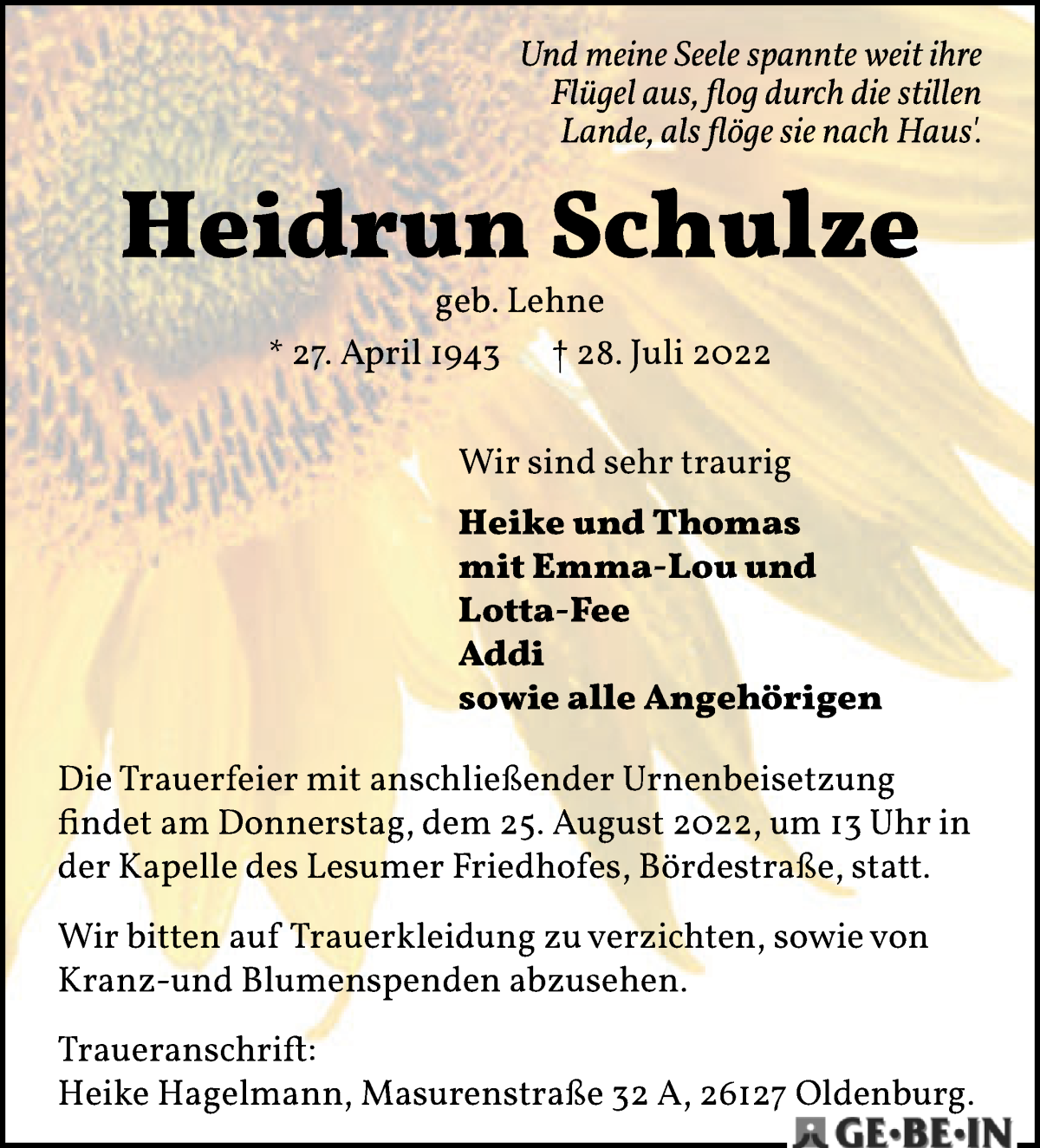 Traueranzeige von Heidrun Schulze von Die Norddeutsche