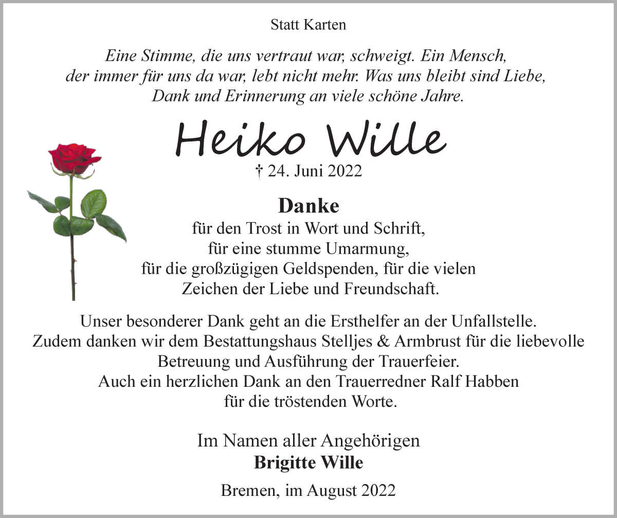  Traueranzeige für Heiko Wille vom 03.08.2022 aus Osterholzer Kreisblatt