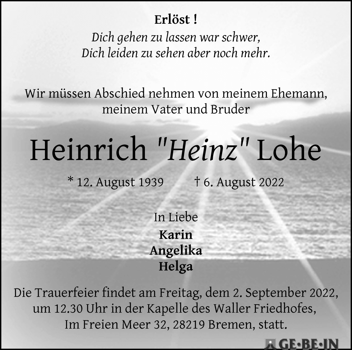  Traueranzeige für Heinrich Lohe vom 13.08.2022 aus WESER-KURIER