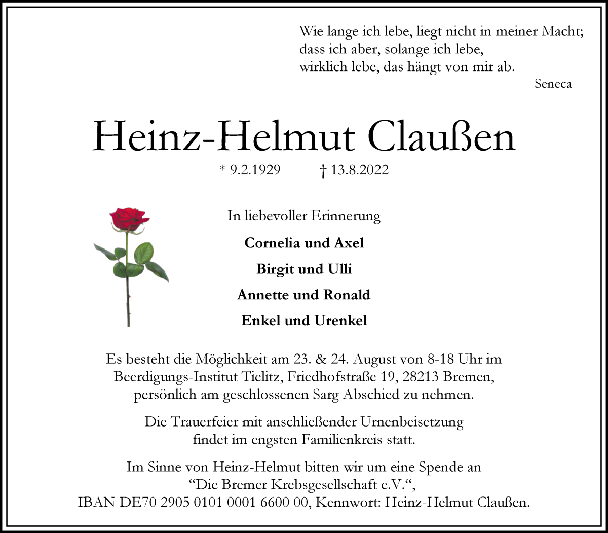  Traueranzeige für Heinz-Helmut Claußen vom 20.08.2022 aus WESER-KURIER