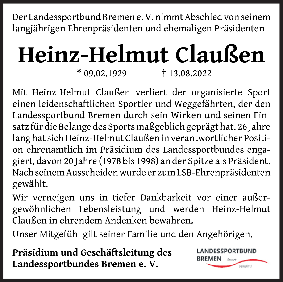  Traueranzeige für Heinz-Helmut Claußen vom 20.08.2022 aus WESER-KURIER